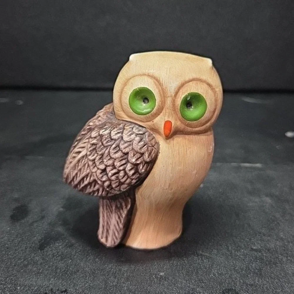 Owl Figurine‎ with Green Eyes, Vintage Ceramic Owl, Made in Portugal, Vtg Decor